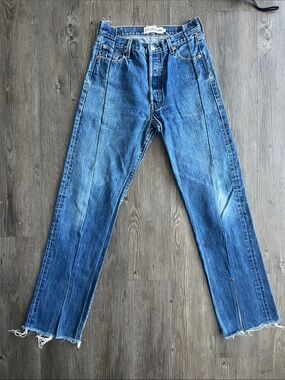 EB Denim Straight Jeans in Mid Blue with Raw Hem